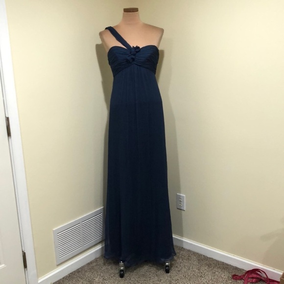 Amsale Formal Maxi Dress Size 2 Navy Blue Rosette Silk One Shoulder Gown - Picture 2 of 8
